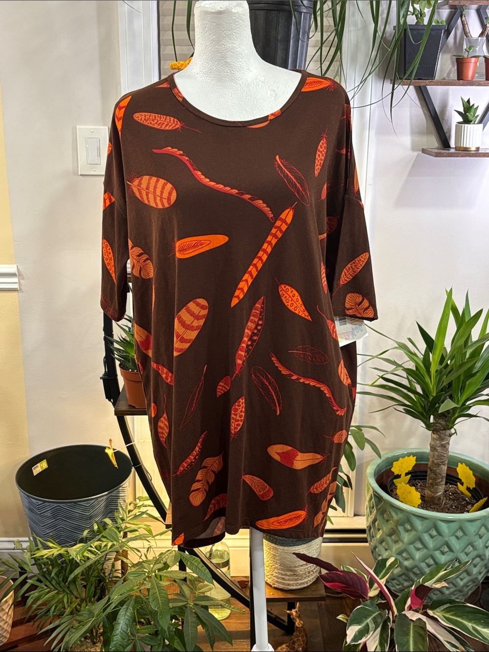 Lularoe Irma Brown Tunic Top with Orange Feather Print size XS